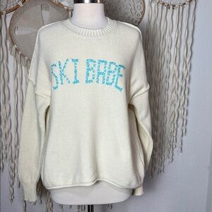 Subtle Luxury Cotton Blend Drop Sleeve "SKI BABE" Sweater in Cream and Blue XS/S